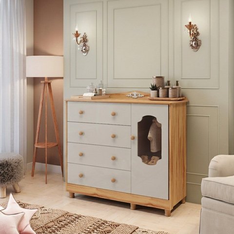 Cômoda de Bebê 1 Porta com Janela e 4 Gavetas 120cm 100% MDF Maya Provençal Yescasa Bege/Off White/Amêndoa