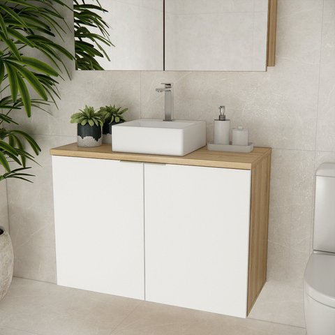 Gabinete de Banheiro cm Cuba 90cm Nature Branco/Carvalho