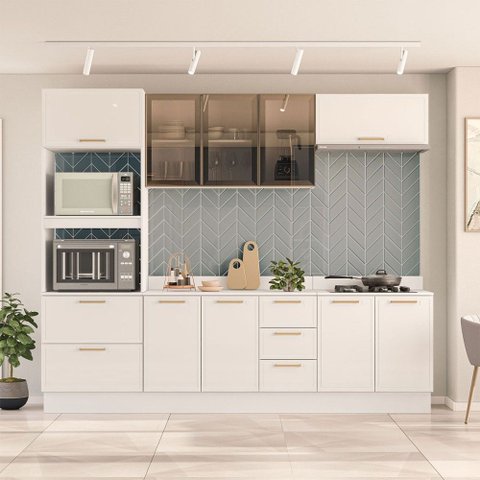 Cozinha Completa Amara 10 Portas 4 Gavetas com Vidro 40250782 Branco - Politorno
