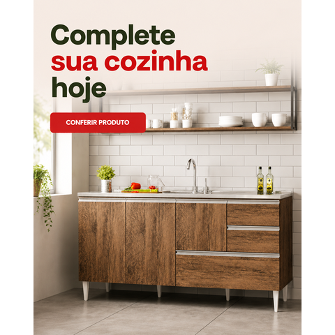 Gabinete Balcão para Pia Maceió 150cm com Gavetão Castanho