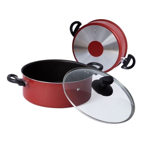 Panela Antiaderente Caçarola Teflon C/ Tampa de Vidro Nº 16 Vermelho
