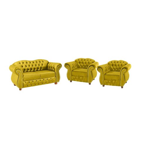 Conjunto Chesterfield Merlo Namoradeira c/ 2 Poltronas - Veludo Amarelo / decoração, recepção, sala 