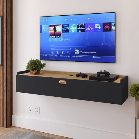 Rack Suspenso Home Classic Estante Tv 32 Polegadas 1 Porta Puxador Concha Quarto Sala Recepção Retrô