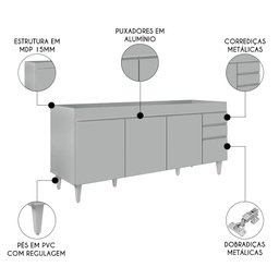 Balcão de Cozinha para Pia 180cm 4 Portas sem Tampo Dallas Cinza Claro - Lumil Lumil Móveis - 3