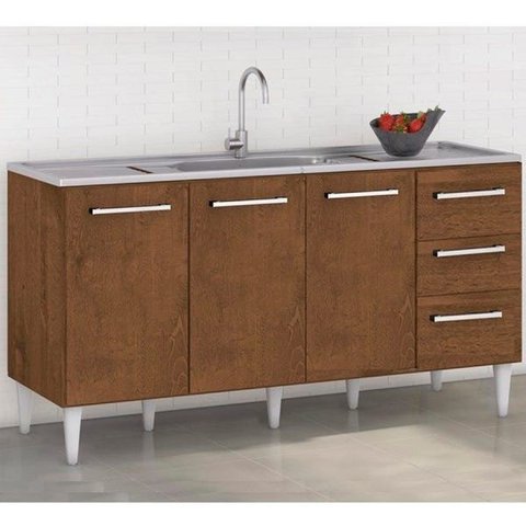 Gabinete Balcão Para Pia de 160 Cm 3 Portas 3 Gavetas Castanho