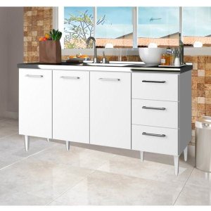 Gabinete Balcão para Pia de 160cm 3 Portas 3 Gavetas Branco