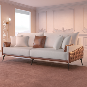 Sofá Living Bérgamo Linho Bege Claro Base em Aço Lateral em Couro:210