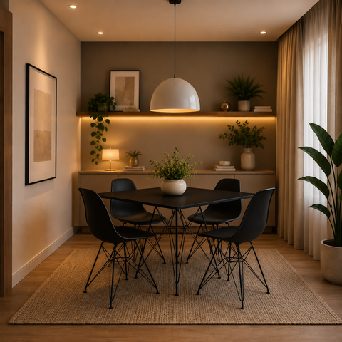 Conjunto Sala de Jantar Eames de Ferro Preto e Tampo Quadrado Preto 90cm 4 Cadeiras Pretas
