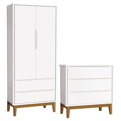 Cômoda Gaveteiro e Guarda Roupa Infantil 2 Portas New Classic Branco com Pés Madeira ? Reller