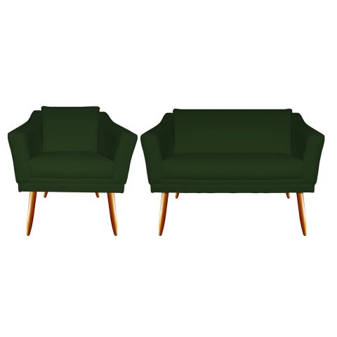 Kit Namoradeira + 1 Poltrona Decorativa Agatha Suede Verde Pés Madeira Ms Decor