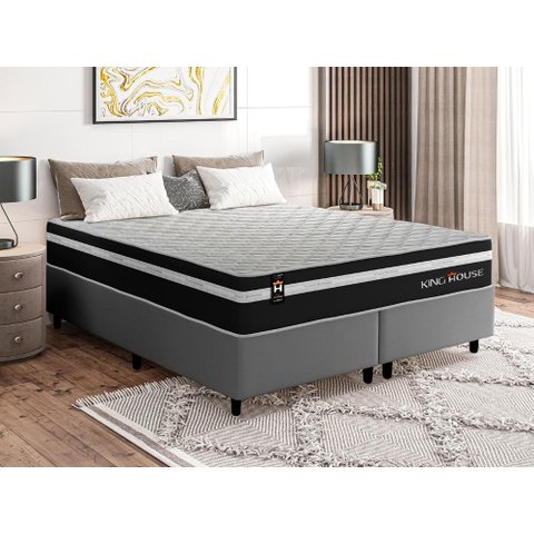 Conjunto Cama Box Super King c/ Molas Ensacadas Durham Cinza 193x203x60