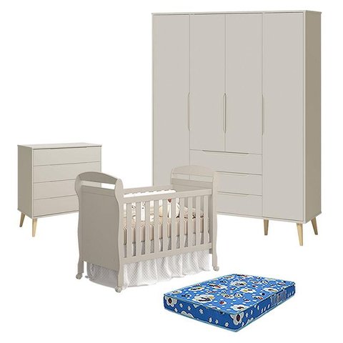 Quarto de Bebê 4 Portas com Cômoda Gaveteiro Elfe Retrô e Berço Americano Danny Areia Acetinado Natu