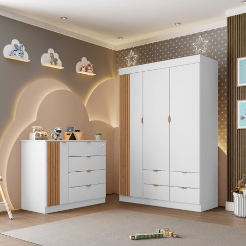 Conjunto Roupeiro e Cômoda Infantil Ayla 100% MDF Detalhes Ripados Quarto de Bebê Branco Phoenix