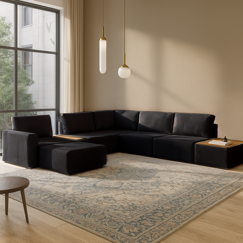 Sofá de Canto 5 Lugares com Chaise Modular Moderno Premium Veludo Preto Agatha