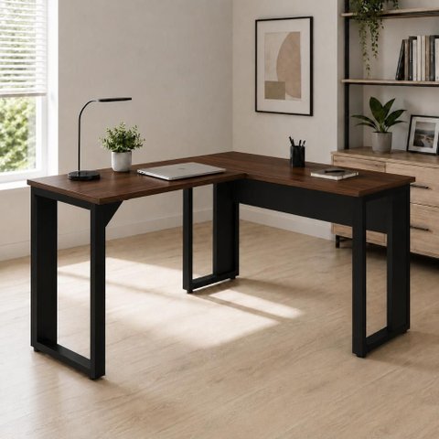 Escrivaninha em L 120 cm X 150 cm Home Office e Escritório Pés Metal F5 Office Cor:Louro Preto com