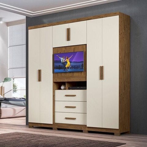 Guarda-Roupa Casal Dubai Plus 6 Portas e 3 Gavetas Moval Castanho Wood/ Baunilha