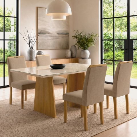 Conjunto de Mesa de Jantar 4 Lugares Lyra Tampo de Vidro Cinamomo e Off White