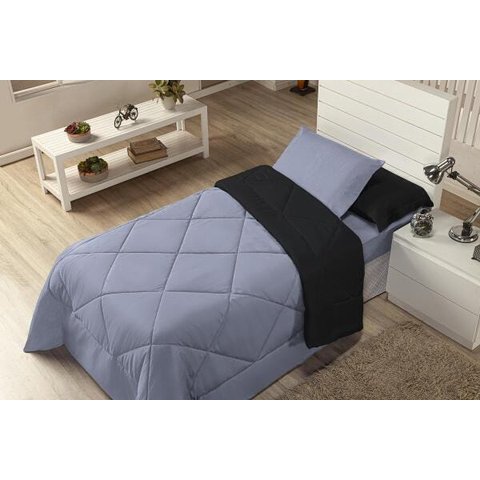 Kit Edredom Solteiro Dupla Face Ternura 4 Peças Preto/ Cinza