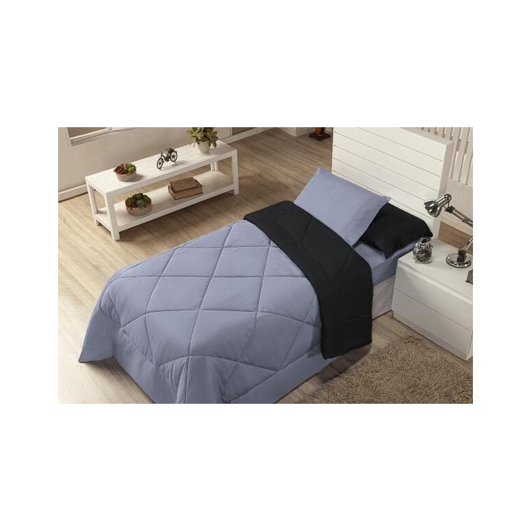 Kit Edredom Solteiro Dupla Face Ternura 4 Peças Preto/ Cinza