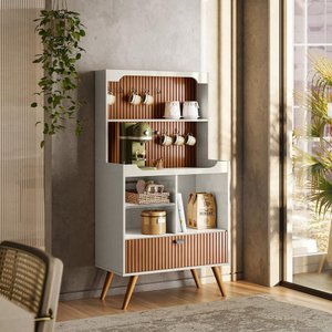 Cantinho do Café Rubi Armário Para Cozinha Off White Perolizado/Tauari Ripado - Lukaliam Móveis