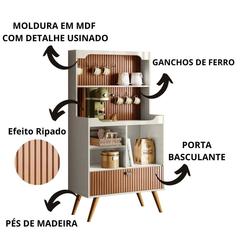 Cantinho do Café Rubi Armário Para Cozinha Off White Perolizado/Tauari Ripado - Lukaliam Móveis - 2
