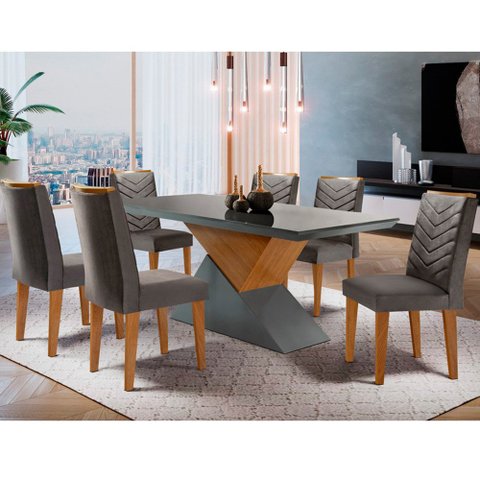 Mesa Aster 180 Tampo em Mdf Canto Reto com 6 Cadeiras Liz Moderna
