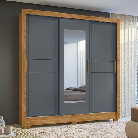 Guarda Roupa 3 Portas Deslizantes C/espelho Cinza Freijo