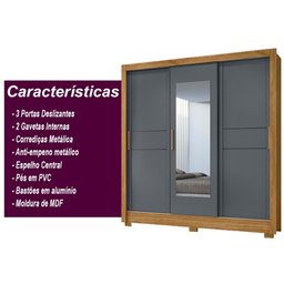 Guarda Roupa 3 Portas Deslizantes C/espelho Cinza Freijo - 4
