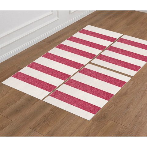 Jogo Tapete Boho Listrado 3 Peças Natural/Pink - Antiderrapante FASTLAR TAPETE PASSADEIRA