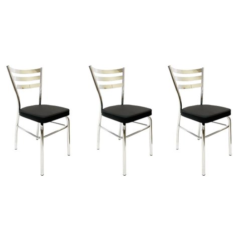 Kit 3 Cadeiras de Cozinha Jantar com Reforço Cromada Assento Grosso Preto