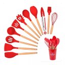 Ver imagem 6 de Super Kit Talheres Silicone com Cabo de Madeira Kit Cozinha 12 Peças - Vermelho