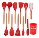 Ver imagem 2 de Super Kit Talheres Silicone com Cabo de Madeira Kit Cozinha 12 Peças - Vermelho