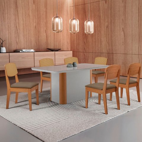 Mesa de Jantar Isadora 180cm Tampo Mdf Vidro com 6 Cadeiras Copper Premium