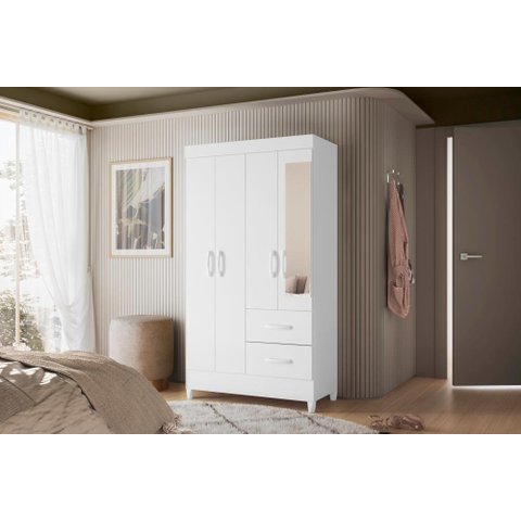 Guarda Roupa Mobi 4 Portas COM ESPELHO Biflex ( Branco Fosco Liso / Rosa Matte) Móveis Albatroz