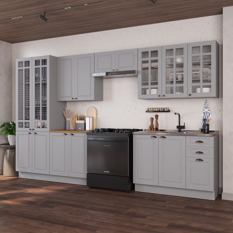 Cozinha Modulada 6 Peças 1 Cristaleira 2 Balcão sem Tampo 3 Aéreos 100% MDF com Vidro Rodapé Bari Cinza/Titânio Fosco