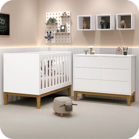 Quarto de Bebê Berço + Cômoda 6 Gvts Classic Pés em Madeira Branco