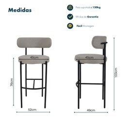 Conjunto 2 Banquetas Altas Camelia Estofada Linho Cinza com Encosto para Cozinha Sala Balcão e Á - 8