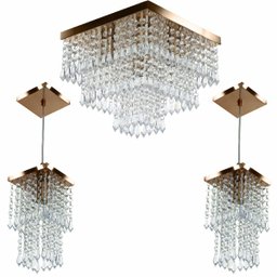 Kit 1 Lustre Cristal Acr. Sweet + 2 Pendentes Spark Cobre - 1 Kit 1 Lustre Cristal Acr. Sweet + 2 Pendentes Spark Cobre - 1