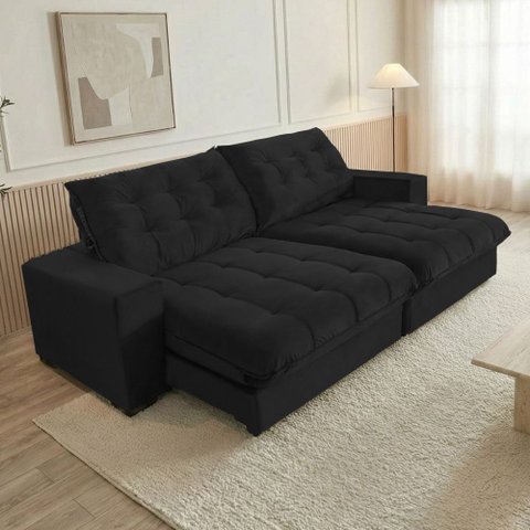 Sofá Califórnia Retrátil e Reclinável 4 Lugares 2,30m com Molas Ensacadas e Pillow Preto