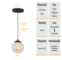 Ver imagem 4 de Pendente Preto C/ Globo de Vidro Cristal de 14cm + Led 2w