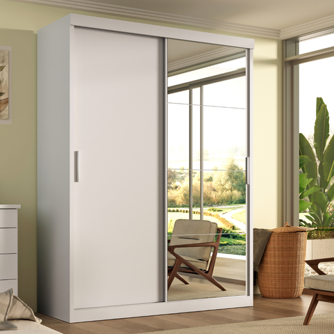 Guarda Roupa Solteiro Roma 2 Portas Corre 2 Gavetas com Espelho Branco