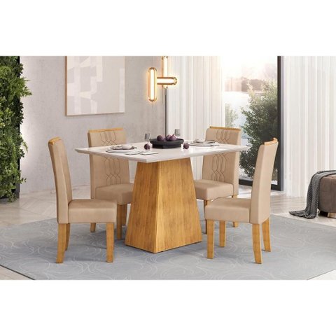 Conjunto: Mesa Sala Jantar Dulce C/ Tampo Madeirado C/ Vidro Reto 120x90cm e 4 Cadeiras Zoe Cedro/