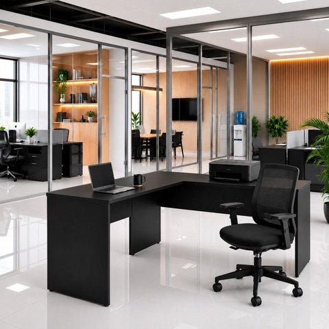 Mesa de Escritório em L 140x60cm + Cadeira Ergonômica Reclinável com Apoio Lombar,Pistão Classe 4