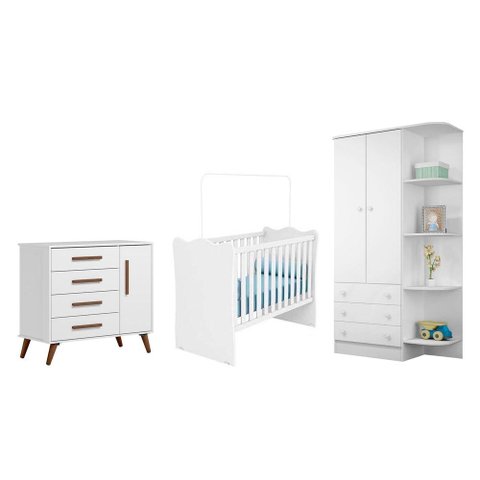 Quarto Infantil Guarda Roupa Infantil, Cômoda e Berço Branco - Fdecor