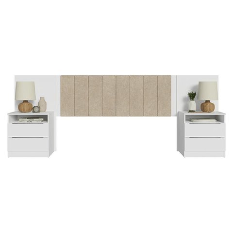 Cabeceira Extensível Estofada com 2 Mesas de Cabeceira Branco/Imperial Madesa