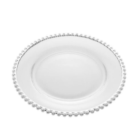Prato Raso Em Cristal Wolff Pearl Branco Borda Prateada 28cm