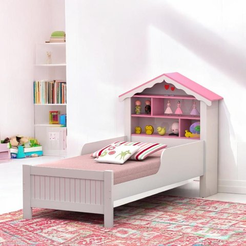 Cama Solteiro Casinha Aquarela Branca e Rosa com Colchão