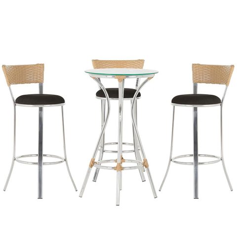 Kit de Mesa Bistrô com Tampo de Vidro Redondo 4 Banquetas em Alumínio e Fibra Sintética Ráfia