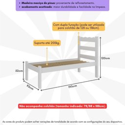 Cama de Solteiro Madeira Maciça para Colchão 78-88x188cm Multimóveis - 3