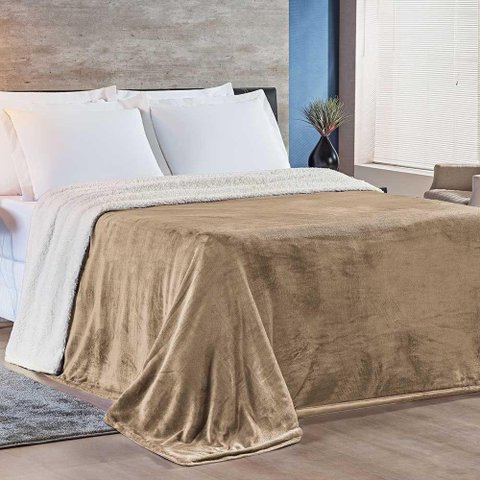 Cobertor Magnific Casal Queen Sherpa com Manta Microfibra Toque Lã Carneiro 01 Peça - Cáqui Bege